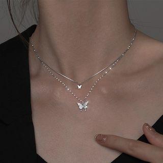 Rhinestone Butterlfy Necklace Silver - One Size