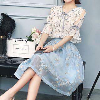 Set: Elbow Sleeve Cut Out Shoulder Blouse + Embroidered Midi Skirt