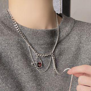 Rhinestone Chain Necklace Red Rhinestone - Silver - One Size