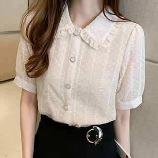 Short-sleeve Ruffled Collar Dotted Chiffon Shirt