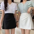Slit-side Shirred Mini Pencil Skirt