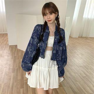 Patterned Zip Jacket / Shirred A-line Skirt