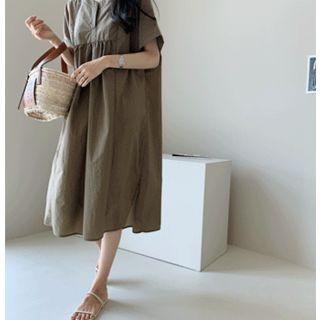 Cuffed-sleeve Slit-hem Dress