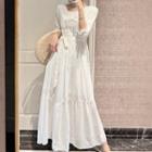 Elbow-sleeve Tie-waist Tiered Midi A-line Dress