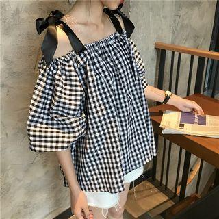 Check Off-shoulder Elbow-sleeve Top