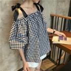 Check Off-shoulder Elbow-sleeve Top