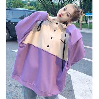 Two-tone Embroidered Boxy Half-placket Hoodie