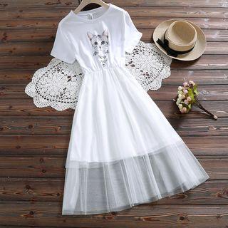 Cat Printed Mesh Panel Short-sleeve Dress