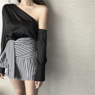 Off-shoulder Plain Blouse / Lace-up High-waist Shorts