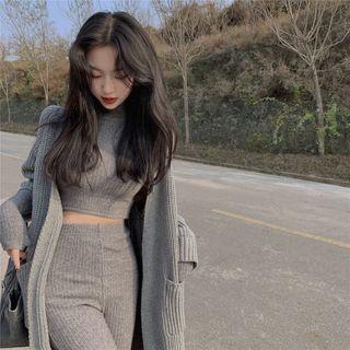 Plain Loose-fit Cardigan / Long-sleeve Crop Top / Slim-fit Pants