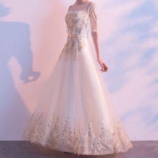 Elbow-sleeve Sequined A-line Mesh Evening Gown