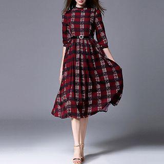 Plaid Elbow Sleeve Midi Dress