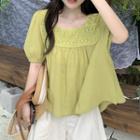 Puff-sleeve Lace Trim Blouse Green - One Size