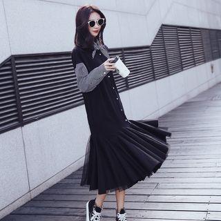 Plaid Panel Midi Long Sleeve Dress