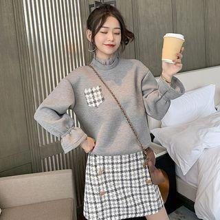 Set: Bell-sleeve Pullover + Mini Plaid A-line Skirt