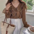 Long-sleeve Ruffled Blouse Brown - One Size