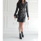 Peaked-lapel Double-breasted Pleather Coatdress