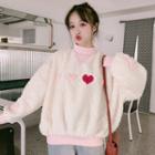 Mock Two-piece Heart Embroidered Furry Pullover Off-white - One Size