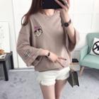 Cat Embroidered 3/4 Sleeve T-shirt