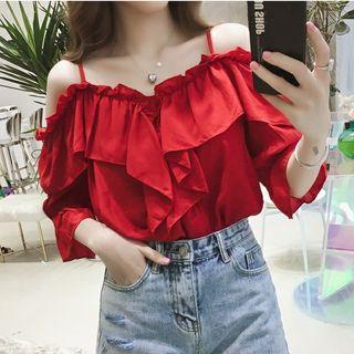Ruffle Trim Cutout Shoulder Chiffon Top