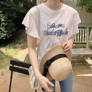 Flutter-sleeve Letter-embroidered Embellished T-shirt Ivory - One Size