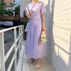 Puff-sleeve Pleated Maxi Linen Dress