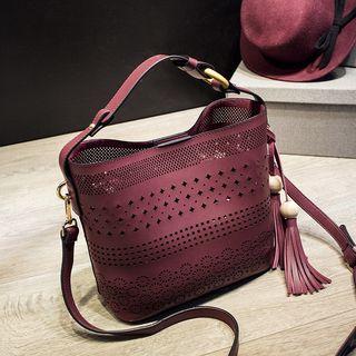 Faux-leather Cutout Tasseled Satchel