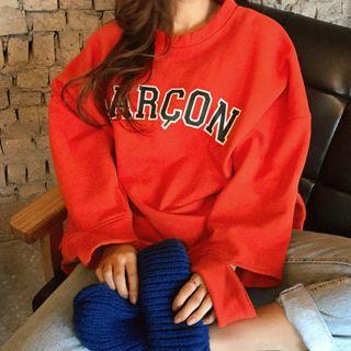 Slit-cuff Lettering Oversized Sweatshirt