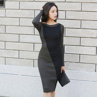 Color Block Long-sleeve Sheath Knit Dress Gray & Black - One Size