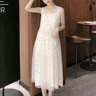 Sleeveless Mesh-panel Dress + Dotted Midi A-line Skirt
