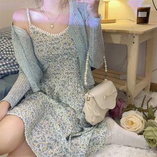 Spaghetti-strap Floral A-line Dress / Cardigan