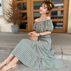 Gingham Puff-sleeve Off-shoulder Top+ A Line Dress/ Set