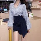Striped Dip-back Blouse + Asymmetric Pencil Skirt