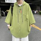 Elbow-sleeve Flower Embroidered Hooded Top