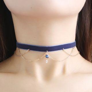 Velvet Faux Crystal Pendant Layered Choker Blue - One Size