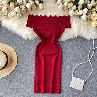 Off-shoulder Scallop Edge Knit Sheath Dress