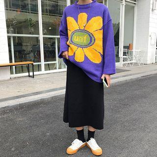 Floral Embroidery Sweater / Knit Midi Skirt