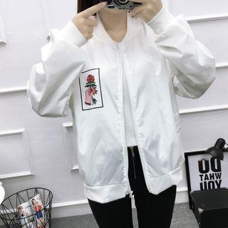Couple Matching Floral Embroidery Zip Bomber Jacket
