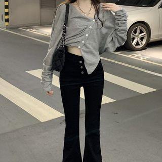 Asymmetrical Shirred Knit Top / Bootcut Jeans
