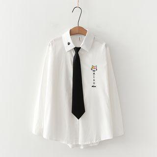 Set: Long-sleeve Cat Embroidered Shirt + Tie