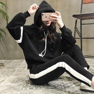 Set: Contrast-trim Fleece-lined Hoodie + Sweatpants