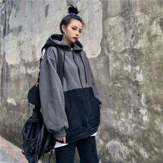 Panel Hooded Zip Sweatshirt Black & Gray - One Size