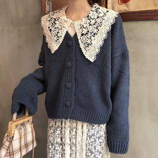Lace Trim Blouse / Cable Knit Cardigan
