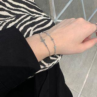 Cross Layered Alloy Bracelet 1pc - Silver - One Size