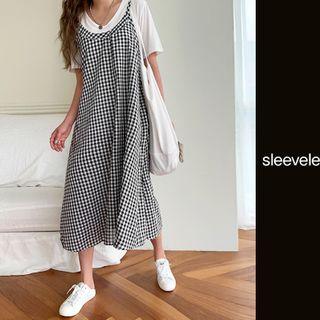 Spaghetti-strap Gingham Long Dress Black - One Size