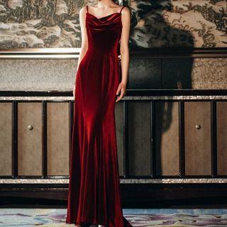 Spaghetti Strap A-line Velvet Evening Gown
