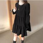 Princess-sleeve Corduroy Midi Dress Black - One Size