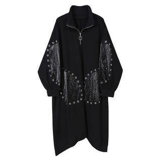 Half-zip Asymmetric Long-sleeve Midi A-line Dress Black - One Size