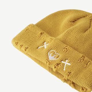 Heart Embroidered Distressed Knit Beanie