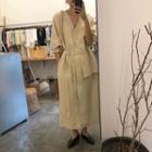 V-neck Elbow Sleeve Tie-waist Shirt Dress Beige - One Size